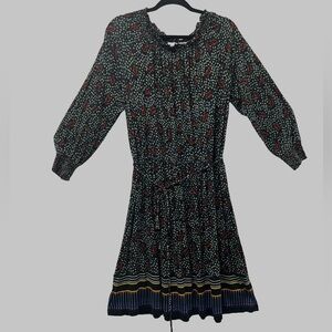 LOFT Black Floral Long-Sleeve Smocked Dress with Striped Hem